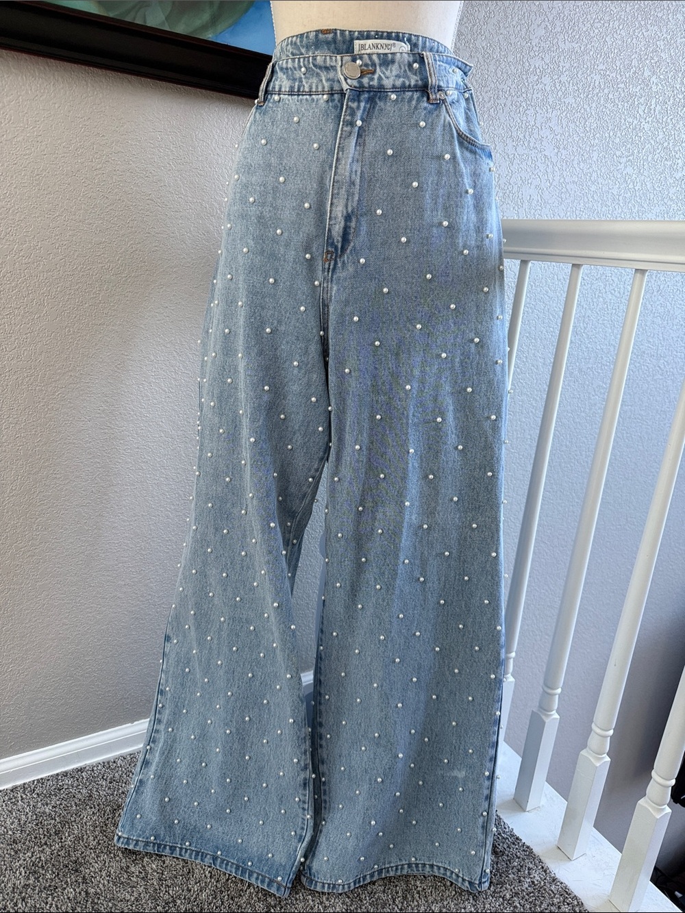 BLANKNYC The Franklin Pearl Embellished High Rise Wide Leg Jeans
